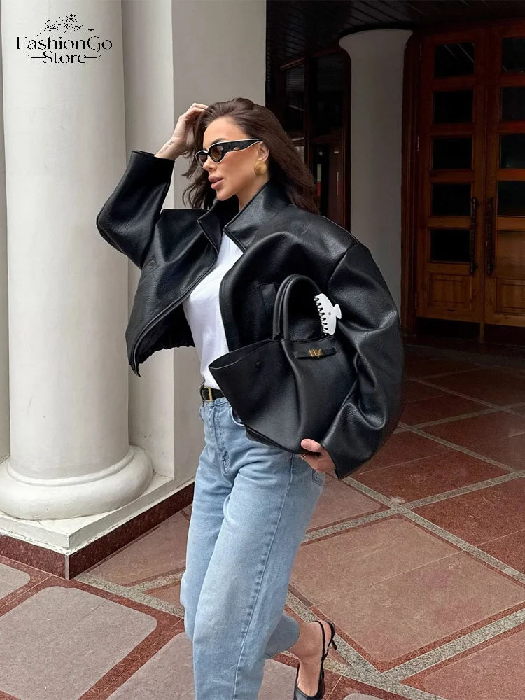 Black Short Leather Jacket Vintage Women's Stand Collar Full Sleeve V-neck Loose Jackets 2026 Lady  Autumn Casual Casual Outwear