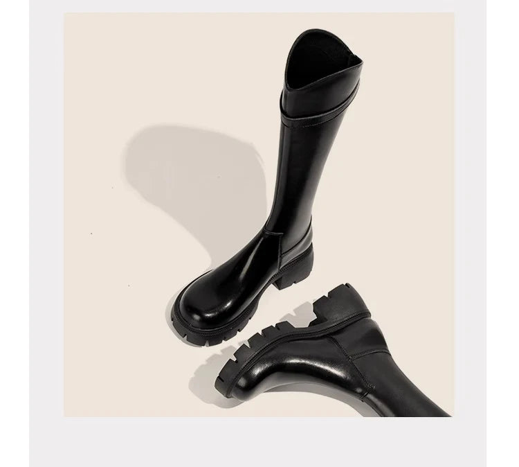 Fur Lining Women Knee High Boots Fashion Knight Long Booties Square High Heels Autumn Winter Warm Short Plush Shoes