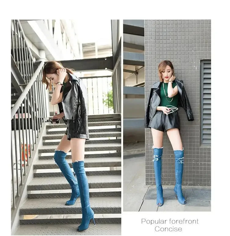 Summer Autumn Thigh High Boots Women Fashion Peep Toe Over The Knee Boots Blue Denim Jeans Zipper Long Boots Shoes Ladies
