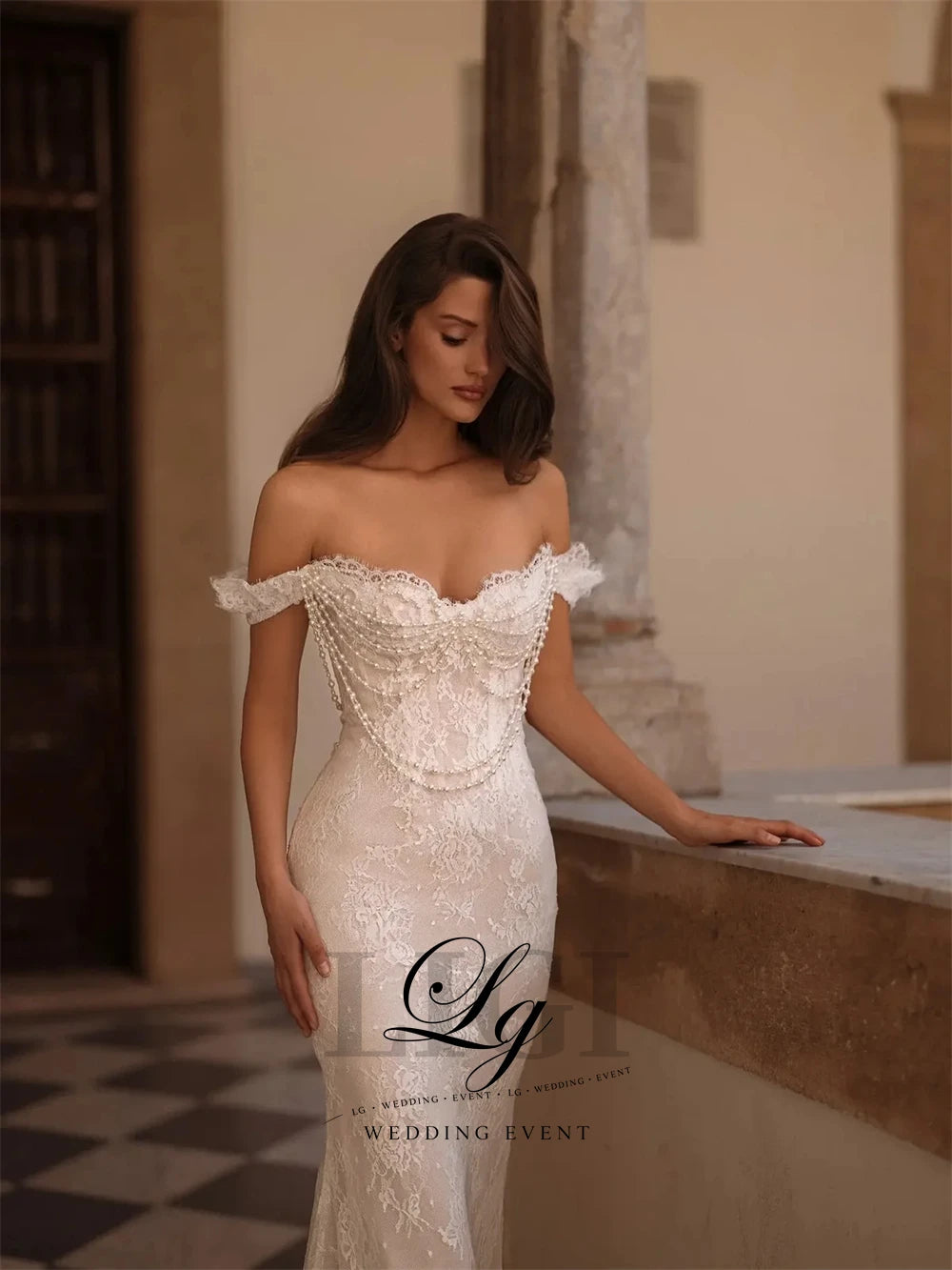 LIGI Luxury Off The Shoulder Lace Pearl Chain Mermaid Wedding Dress Customized Exquisite Beading Detachable Train Bridal Gown  ﻿
