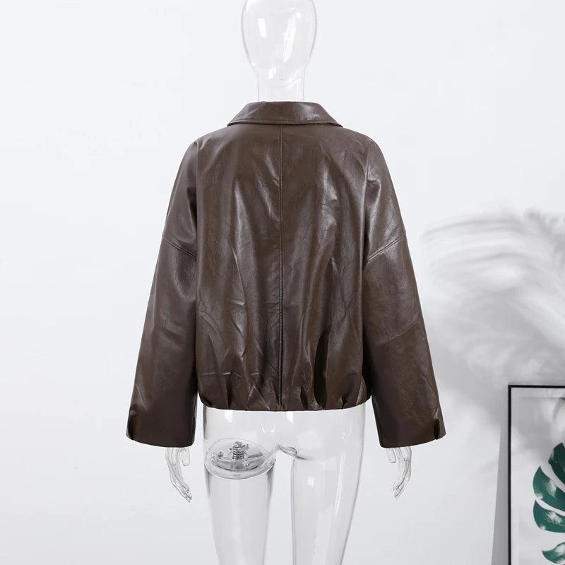 Casual Lapel Zipper Waist Belt Short Leather Jacket 2026 Women Loose Solid Pocket Pu Coat Autumn Lady Daily Highstreet Jackets