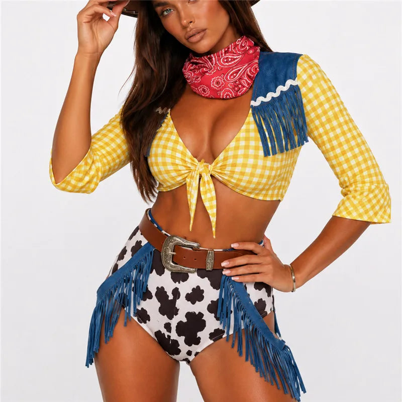 Halloween Women Cowgirl Cosplay Costume Retro Western Plaid Fringe Decor Crop Top Shorts With Bandana Belt Club Party Outfit