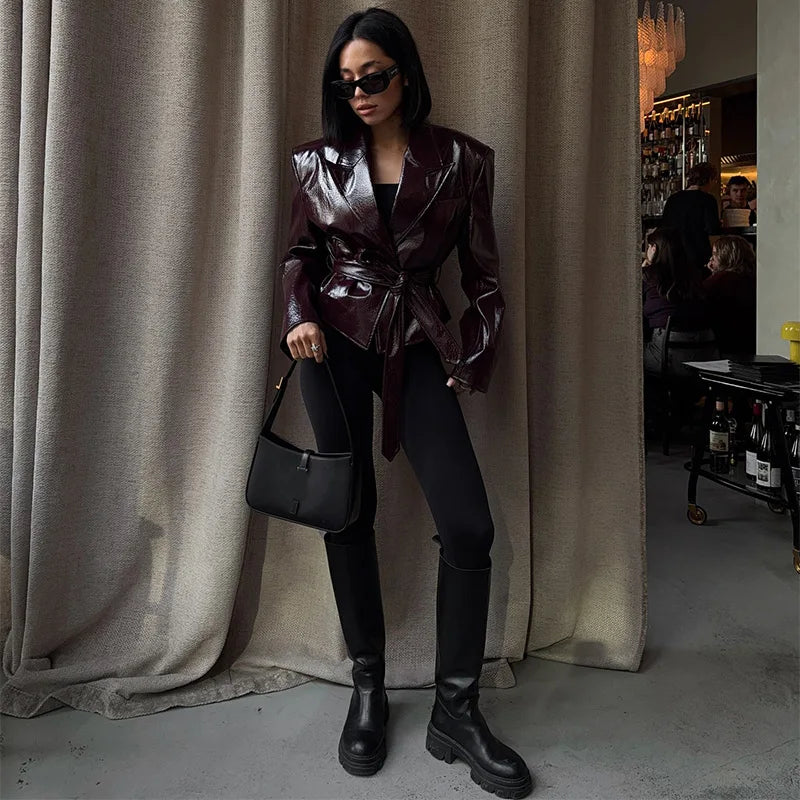 Glossy Lace-up Leather Jackets 2026 Autumn Female Lapel Shoulder Pad Full Sleeve Short Coat Women's Slim Waist-cinching Outwear