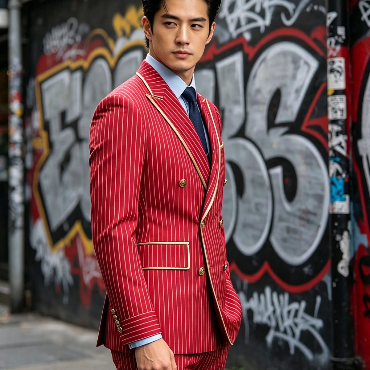 Men's Pinstripe Blazer Double Breasted Slim Fit Peaked Lapel With Gold Trim Formal Suit Jacket  For Groomsman Wedding Prom Hot