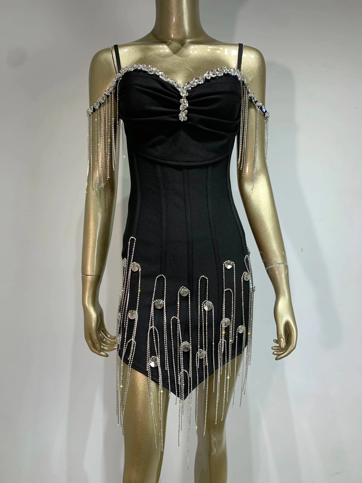 Women Celebrity Sexy Beading Crystal Black White Mini Bodycon Bandage Dress 2024 Knitted Elegant Evening Club Party Outfit