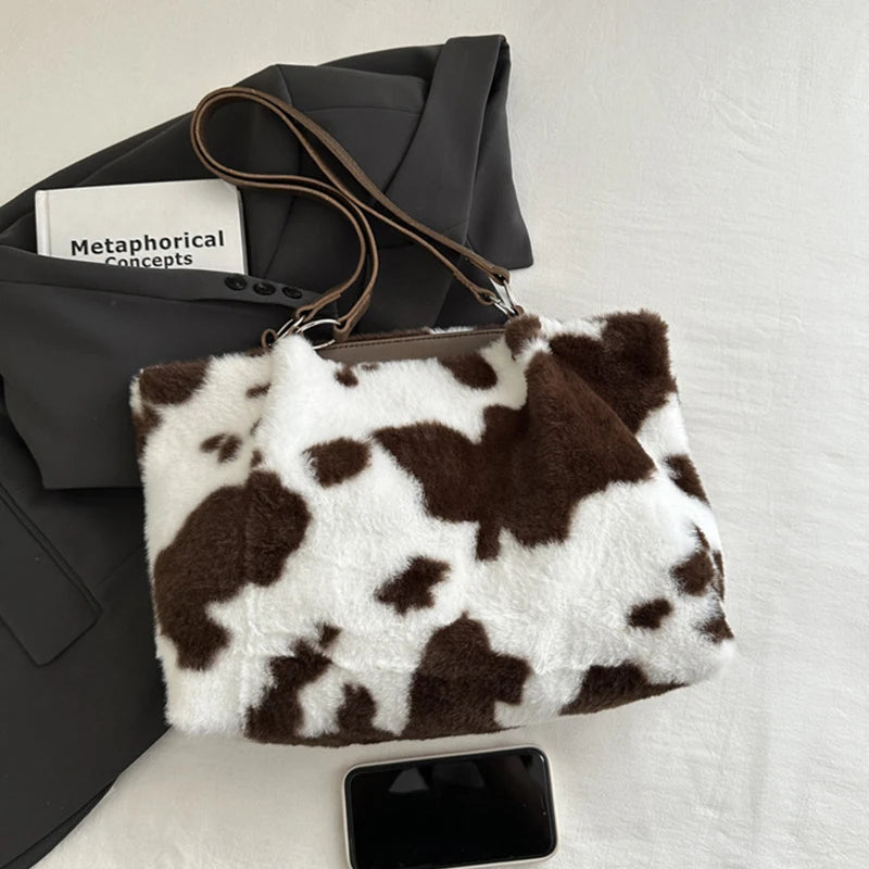 Cow Pattern Plush Shoulder Bag for Women Winter Fashion Purse Handbags Soft Warm Fur Female Casual Messenger Bags