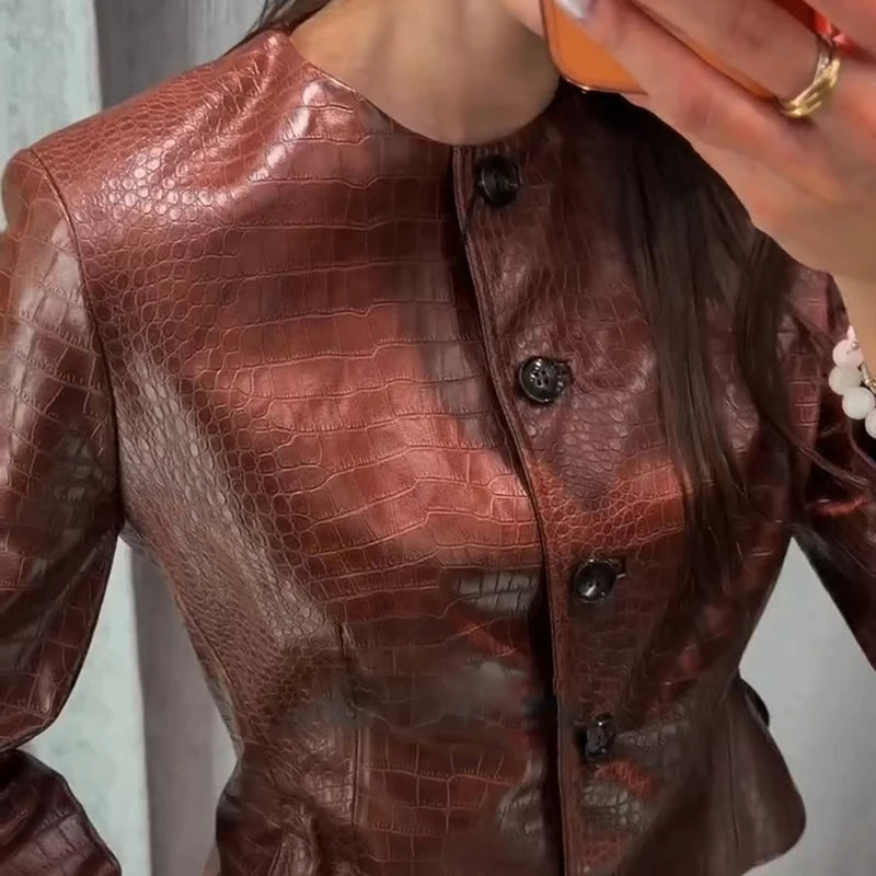 Street Fitted Leather Jackets Women Shoulder Pad Single Breasted Long Sleeves Pu Coats Female 2026 Autumn New Chic Outwears Lady