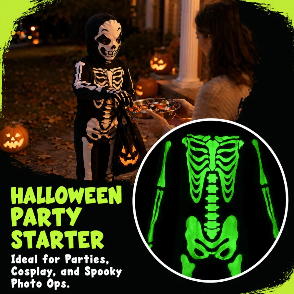 Glow-in-dark Skeleton Skull Costume Luminous Printed Skeleton Ghost Jumpsuit Full Body One-piece Suit Halloween Cosplay Outfits