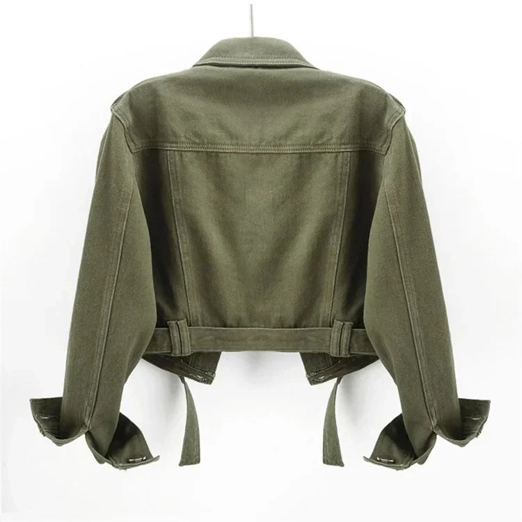 Spring Vintage Army Green Black Khaki Denim Jacket Women Hem Belt Big Pocket Cowboy Outerwear Loose Short Jeans Jackets Female
