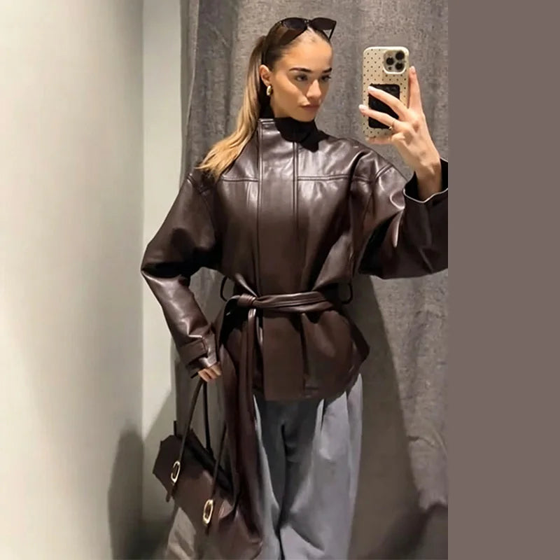 Faux Leather Jacket Stand Collar Winderbreaker Woman Waist Tie Belt Coat Long Sleeve Loose PU Leather Coat Street Wear Clothes