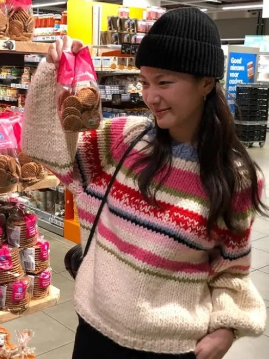 Retro Rainbow Stripes Lazy Sle Loose Knitted Sweater Women's Autumn New Faionable round Ne Top Versatile Comfortable Fit