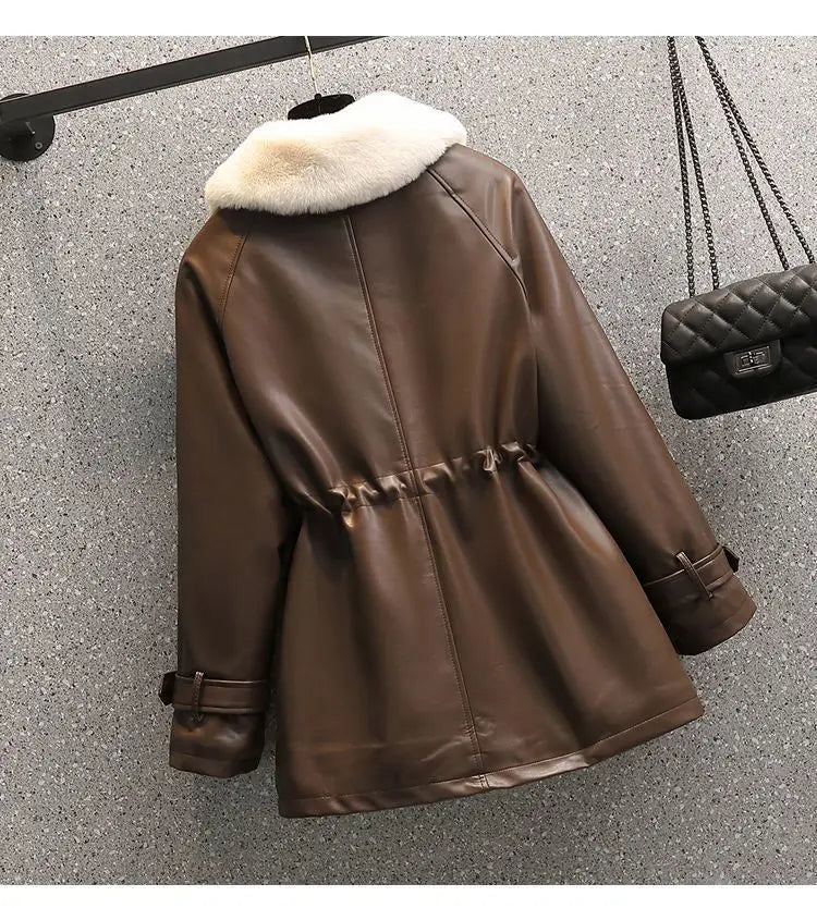 2026 Winter Age Reduction with Thick Velvet Loose Stand up Collar Motorcycle Wear PU Leather Jacket Long Sleeve Coat for Women