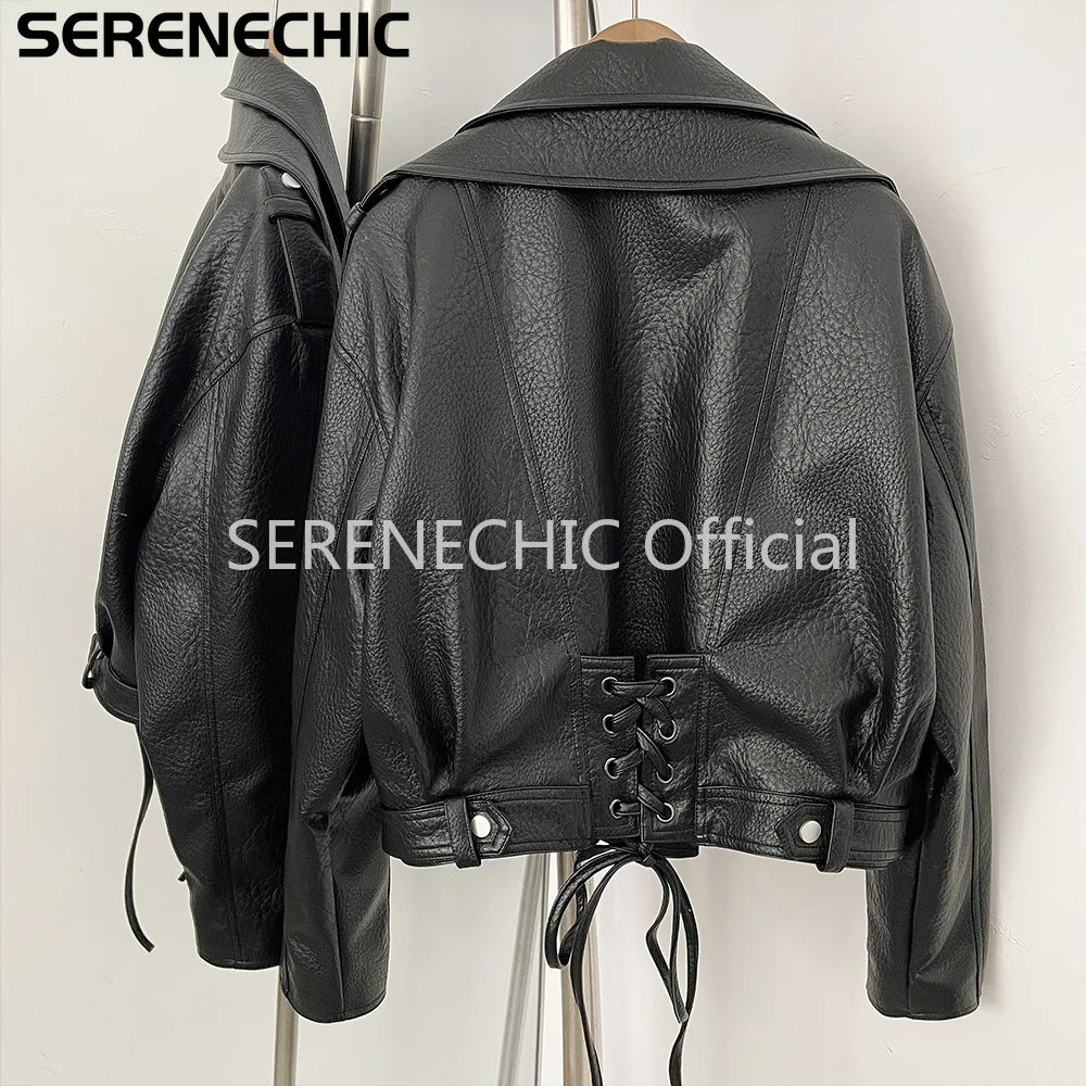 SERENECHIC Women's Black Faux Leather Cropped Moto Jacket Asymmetric Zip PU Biker Coat Female New Autumn Vintage Punk Outerwear