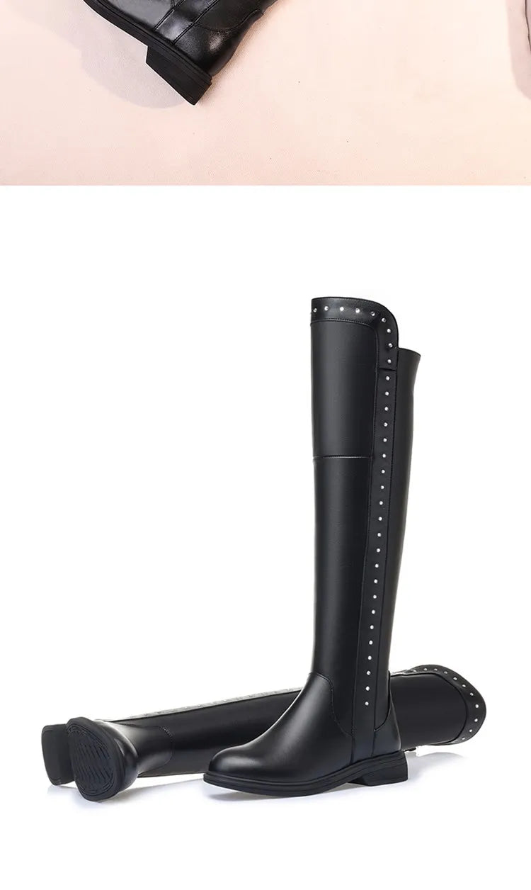 Women Over The Knee Boots Winter Natural Wool Warm Genuine Leather Ladies Knee Boots Large Size Non-slip Snow Boots Women