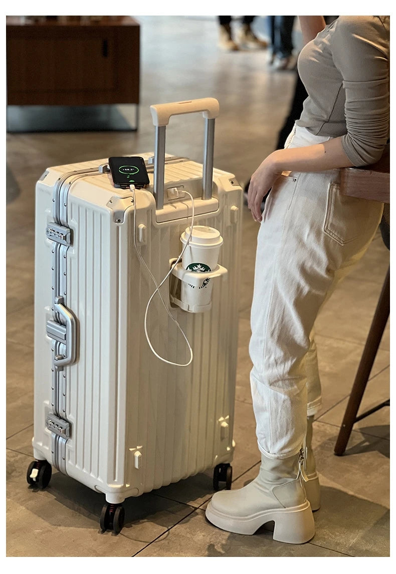 Five-wheeled Luggage 34 inch Thicken Aluminum Frame Suitcase USB Cup Holder Large Capacity TSA Lock Trolley Case Brake Wheel 24"
