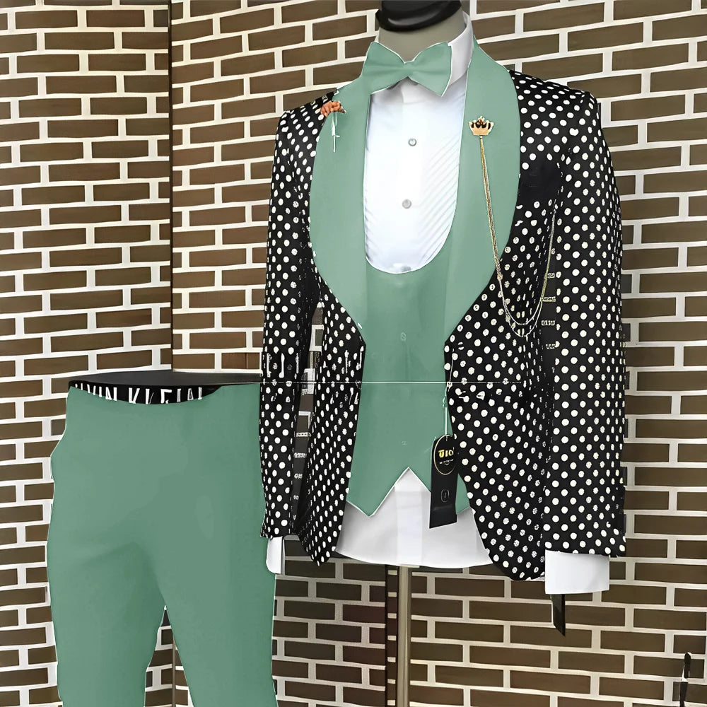 Spotted Men's Suit 3 Piece Set Wedding Groom Tuxedo Custom Slim Fit Blazer Pants Vest Men's Elegant Suit
