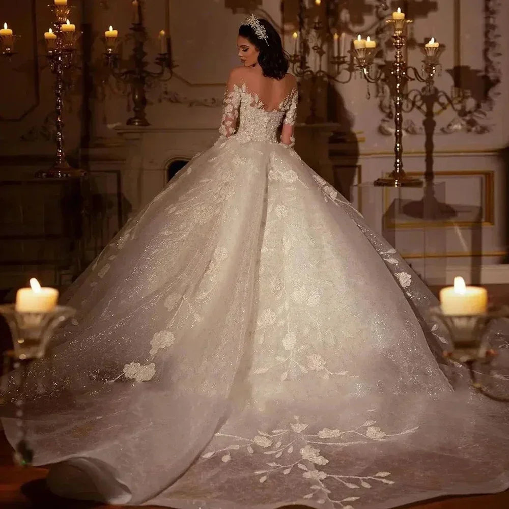 Luxury Shining Ball Dress A-line Lace Decal Fluffy Wedding Dress V-neck Off Shoulder Long Sleeve Wedding Party Dress Custom