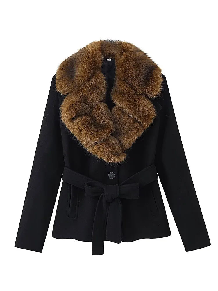 HH Women's Winter Fashion Coats Black Turn-Down Collar Long Sleeves Pockets Belt Decoration Female Elegant Slim Elegant Coat