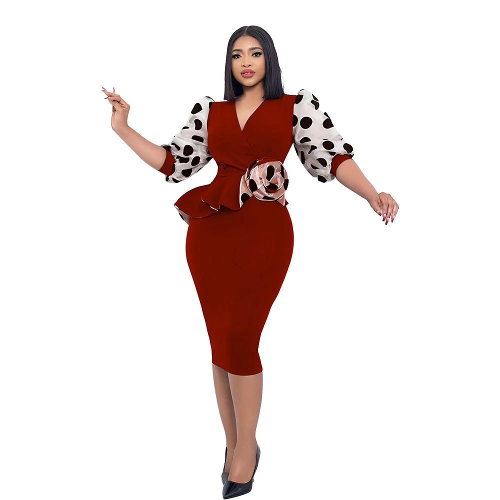 Elegant Dot Mesh Stitching V-neck Puff Sleeve Floral Appliques Bodycon Dress Women Ruffles Waist OL Even Party Dresses Vestidos