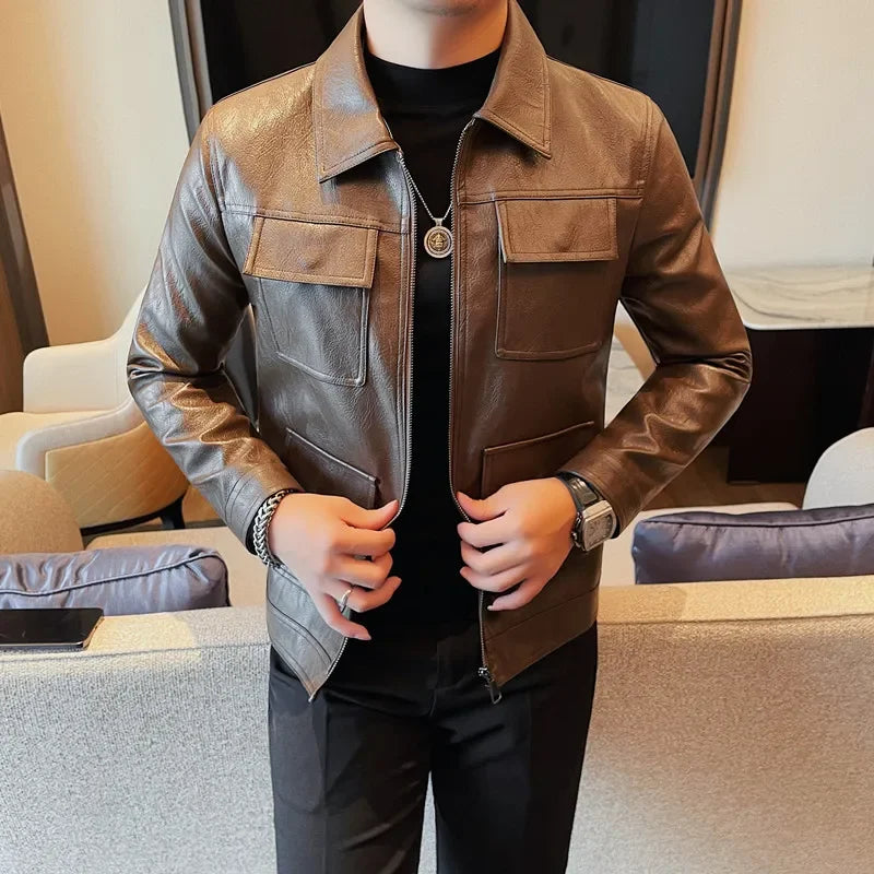 Autumn Winter High Quality Faux Leather Jacket Fashion Multi Pocket Design PU Leather Coats Man Vintage Business Slim Fit Coats