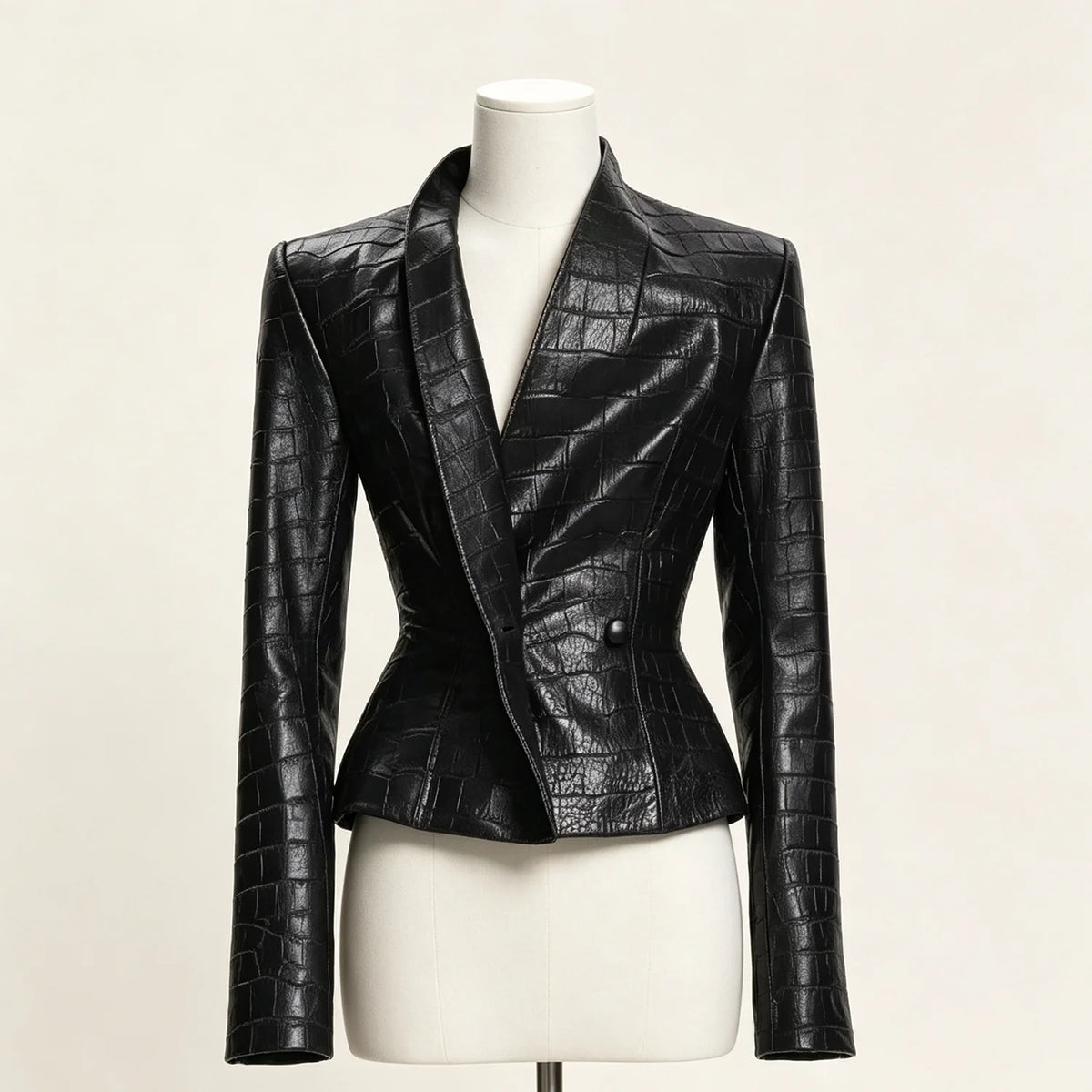 Women 2026 Croc Embossed Faux Leather Jacket V‑Neck Double‑Breasted Slim Fit Long Sleeve Chic Short Outerwear Coat