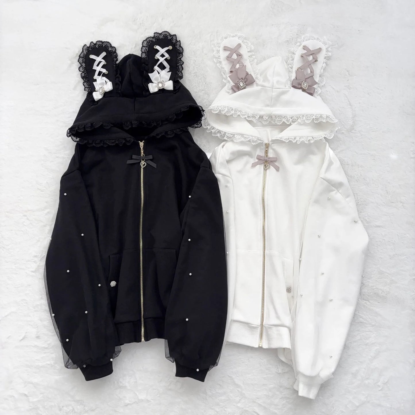 Vintage Japanese Subculture Jirai Kei Jacket Women Y2K Coat Lace Rabbit Ears Hoodie Gothic Sweatshirt Harajuku Halloween Cosplay