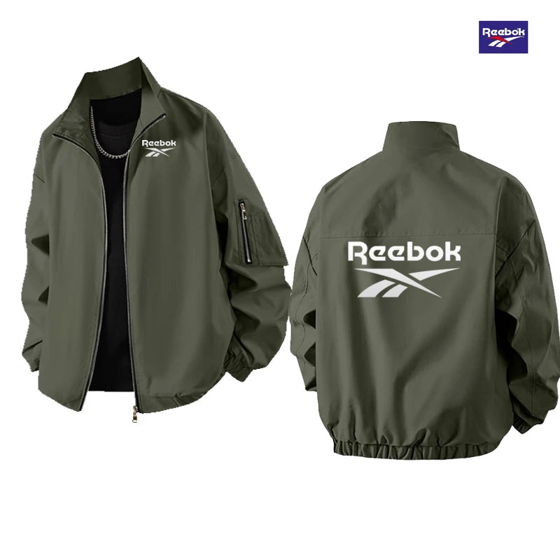 Reebok's New Men's Lightweight Spring-Autumn Casual Stand-Up Collar Outdoor Sports Coat Features a Zipper Design on the Sleeves.