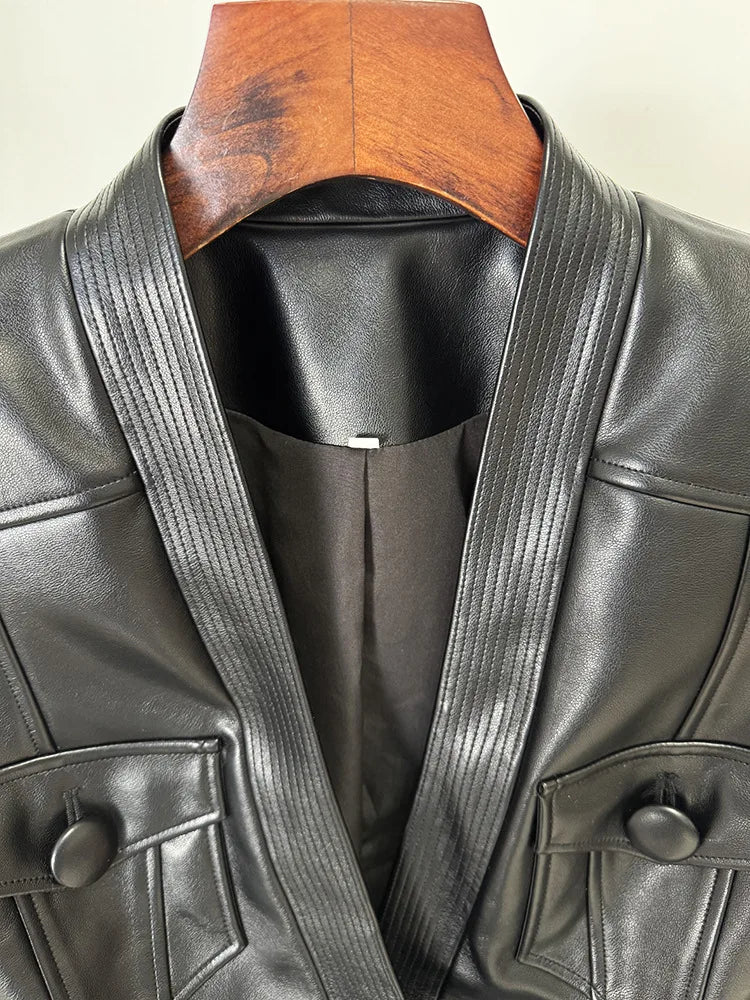 2026 new luxury and fashionable women's clothing belt slim fit leather jacket with multiple pockets motorcycle fashion jacket