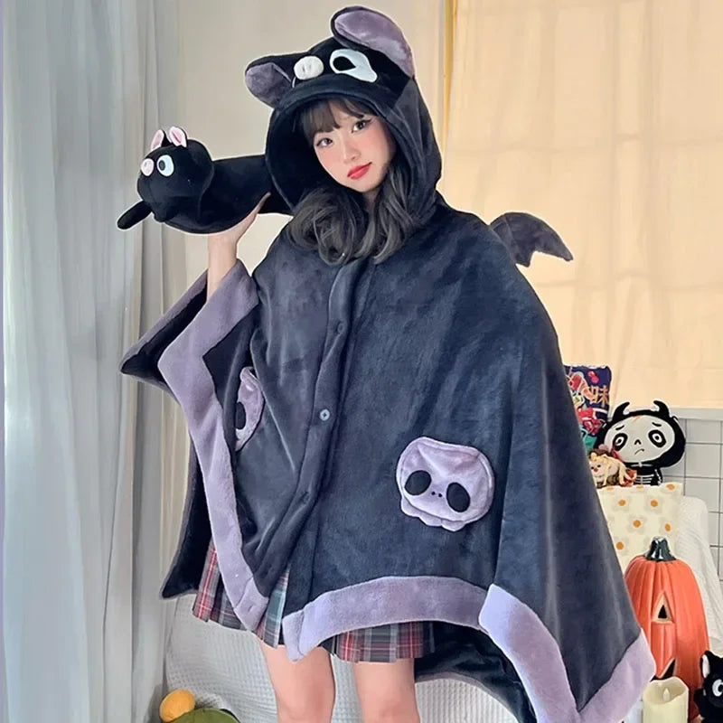 Kawaii Cartoon Bat Y2k Cute Blanket Plush Pajamas Anime Cosplay Cape Costume Halloween Theme Party Women's Hooded Cape 2025 New