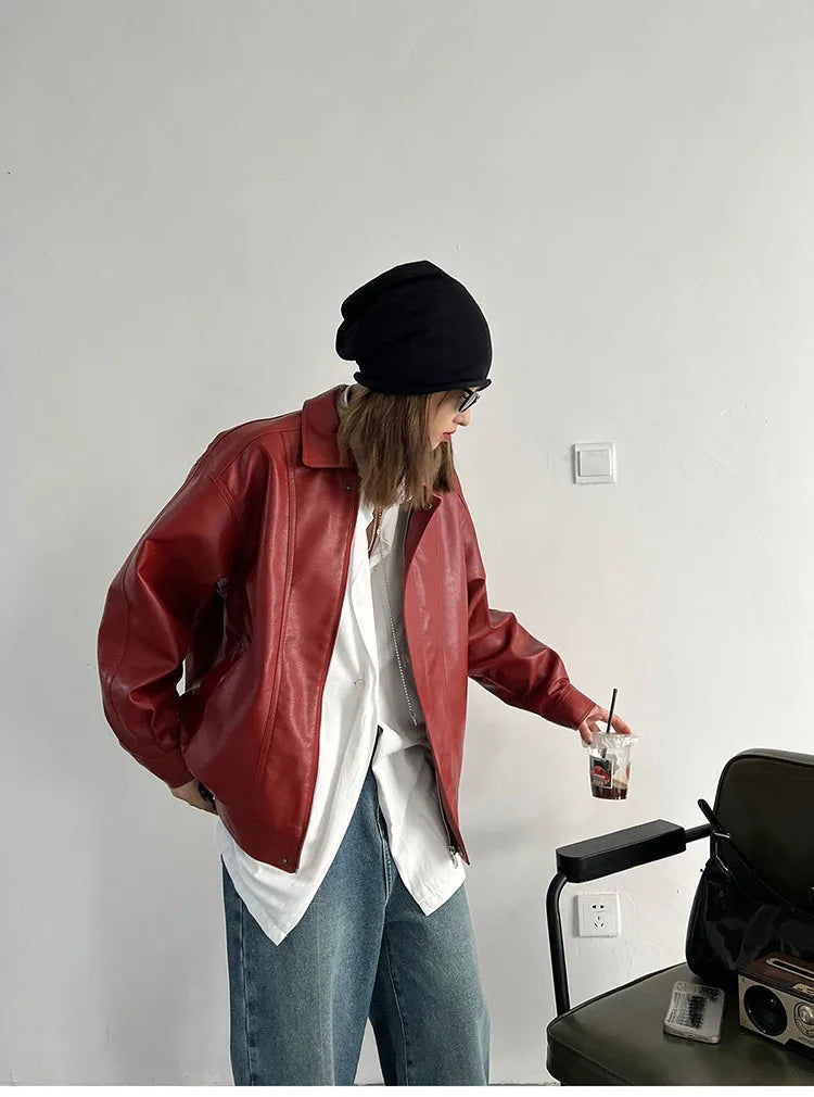 Punk Vintage Red Leather Jacket Women Streetwear Moto Biker Zipper Leather Jacket Female Winter High Street Chic Leather Coat