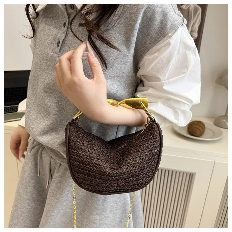 Luxury Metal Handle Clutch Bag Women Exquisite Handmade Rattan Woven crossbody Bag Half-moon Beach Bags Roomy Straw Tote Bag