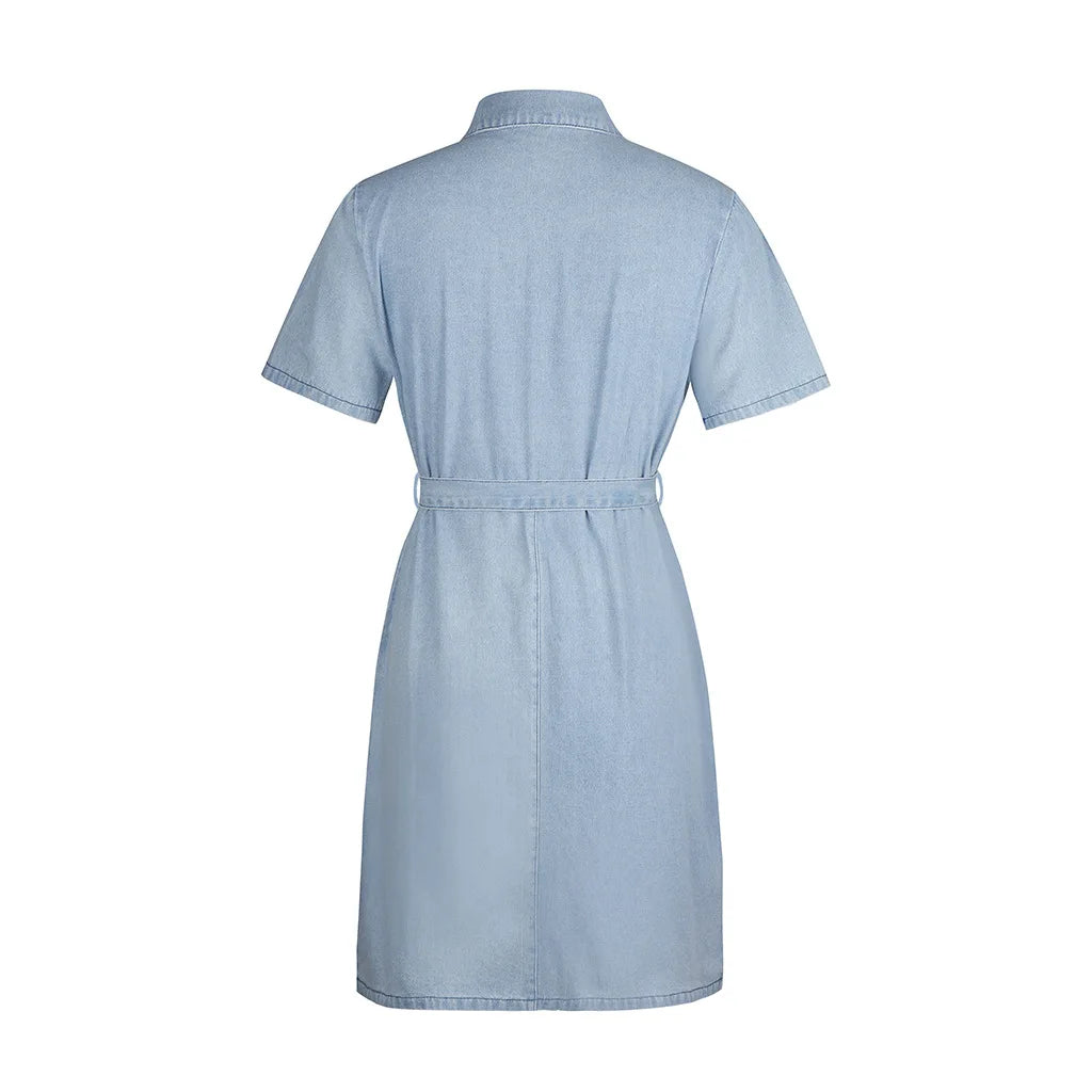 Denim Dresses Women Mini Dress Vintage Turn Down Collar Lace Up Zipper Pockets Distressed Summer Vestidos Streetwear 2025