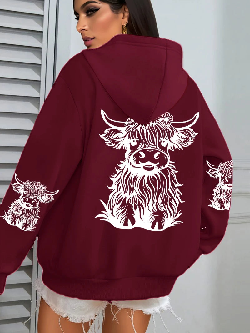 Cute Hair Cow Cartoon Printing Hoodies Womens Fleece Autumn Streetwear Comfortable Casual Hoodie Y2K Pocket All-Match Hoody