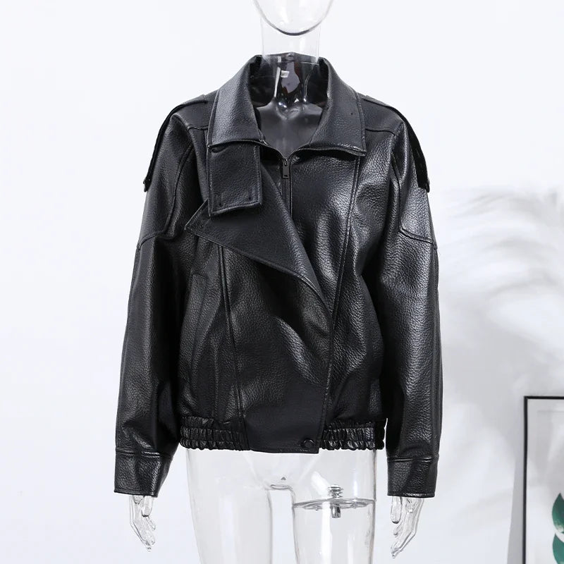Fashion Leather Women's Jacket Y2k Street Single-breasted High Neck Female Coats 2026 Autumn Black Pu Long Sleeve Lady Jackets