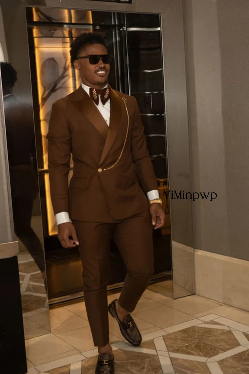 Brown African Men's Suits 2 Pieces Shawl Lapel One Button Groom Wedding Suit for Man Prom Slim Fit Blazer Jacket+Pant Customized