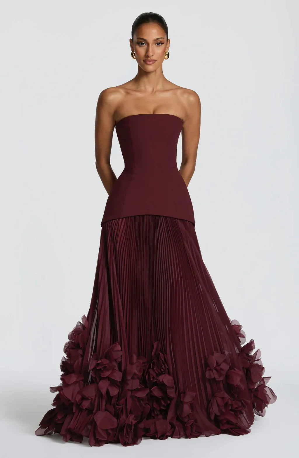 Sexy Lemon Strapless Corset Maxi Gown Sleeveless Corset Pleated Chiffon 3d Floral Hem Flowy Skirt Formal Evening Party Wear
