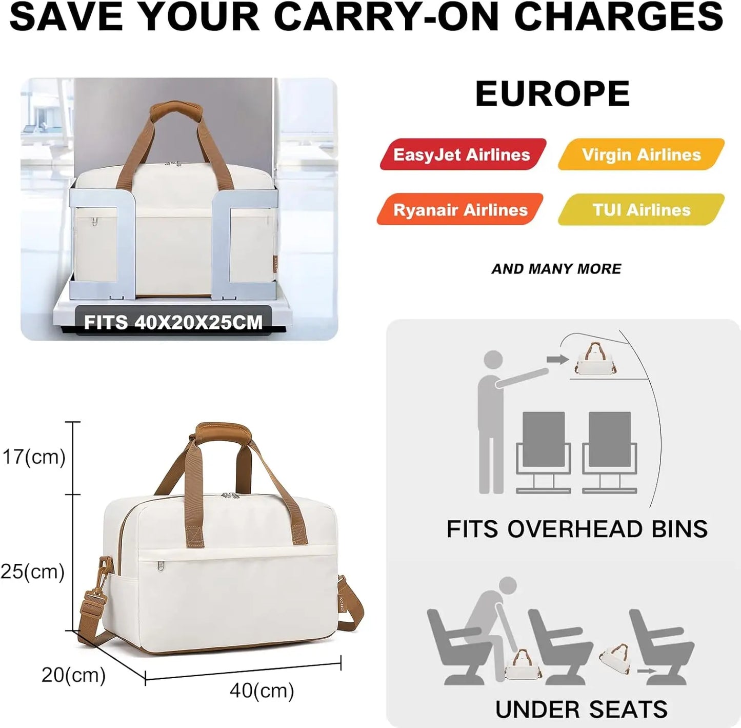 Kono 40X20X25 cm under Seat Bag m ,Lightweight Oxford Cabin Bag, Suitable for Ryanair & Easyjet