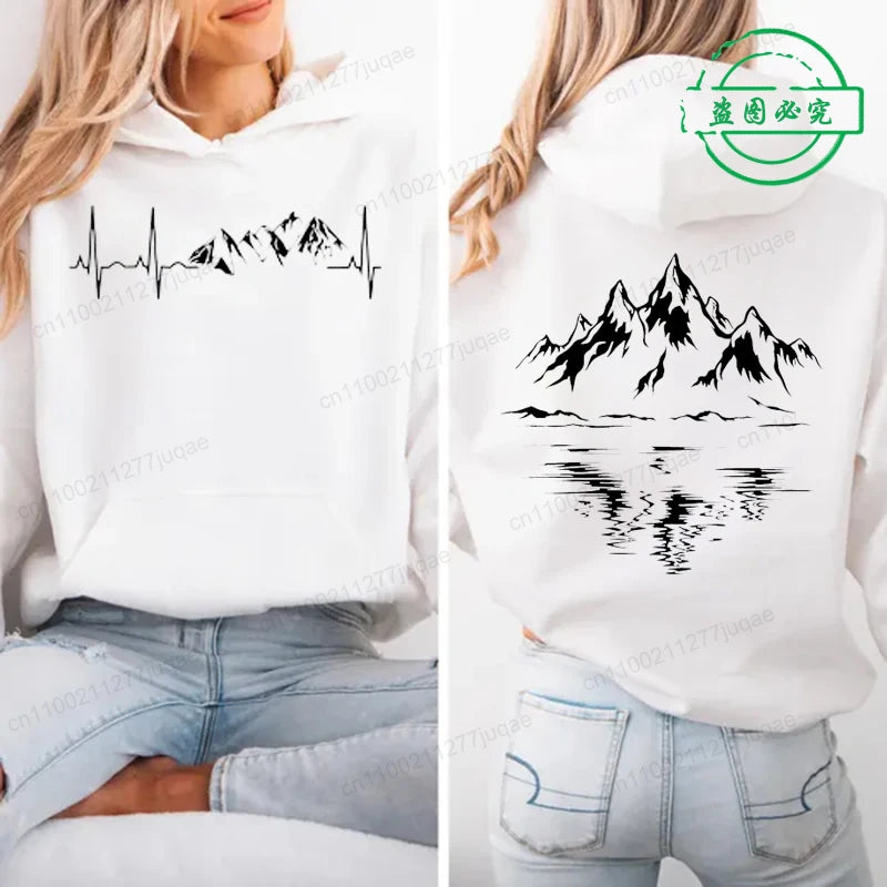 Mountain Print Women Hoodies Outdoor Climbing Hiking Graphic Hoodies Long Sleeve Top Outdoor Lovers Women's  Hooded Sweatshirts