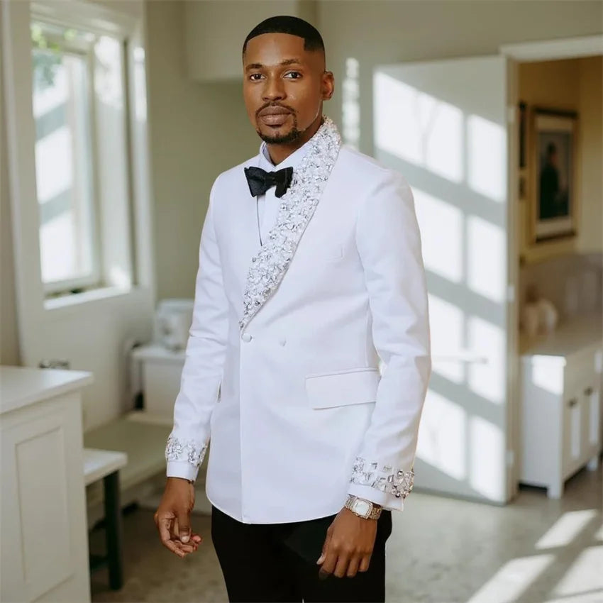 Bling Beaded Wedding Tuxedo for Men Slim Fit Male Fashion Suits Stunning 2 Pieces Suit Jacket with Pants Custom Made Costume