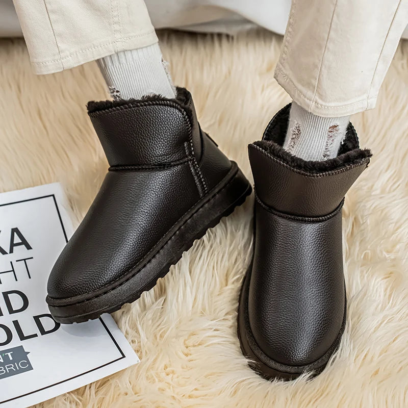 Couple Style Men's and Women's High-Top Leather Waterproof Snow Boots Plus Velvet Warm Boots and Cotton Shoes