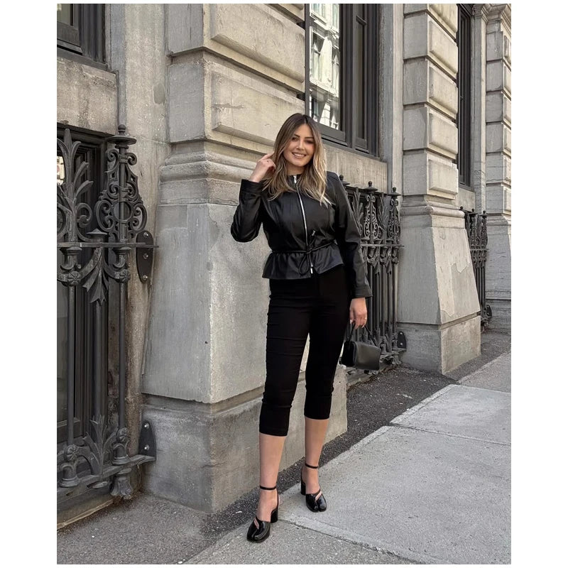 Women's Faux Leather Jacket Black Zip Front Drawstring Peplum Hem Slim Elegant Outerwear Fashion Daily Street Casual Short Coat