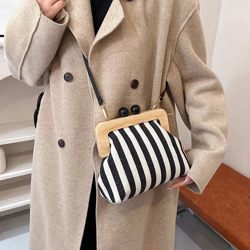 New Black Stripe Canvas Wooden Clip Bag Women Bag Fashion Shoulder Bag Crossbody Bag