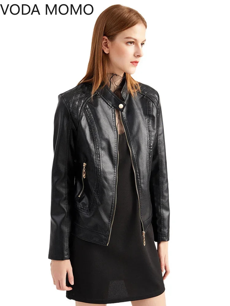 Women's Elegant Stand-up Collar Solid Jacket 2022 Female Three-dimensional Pattern Coat S-4XL New Pu Faux Leather Jacket Women