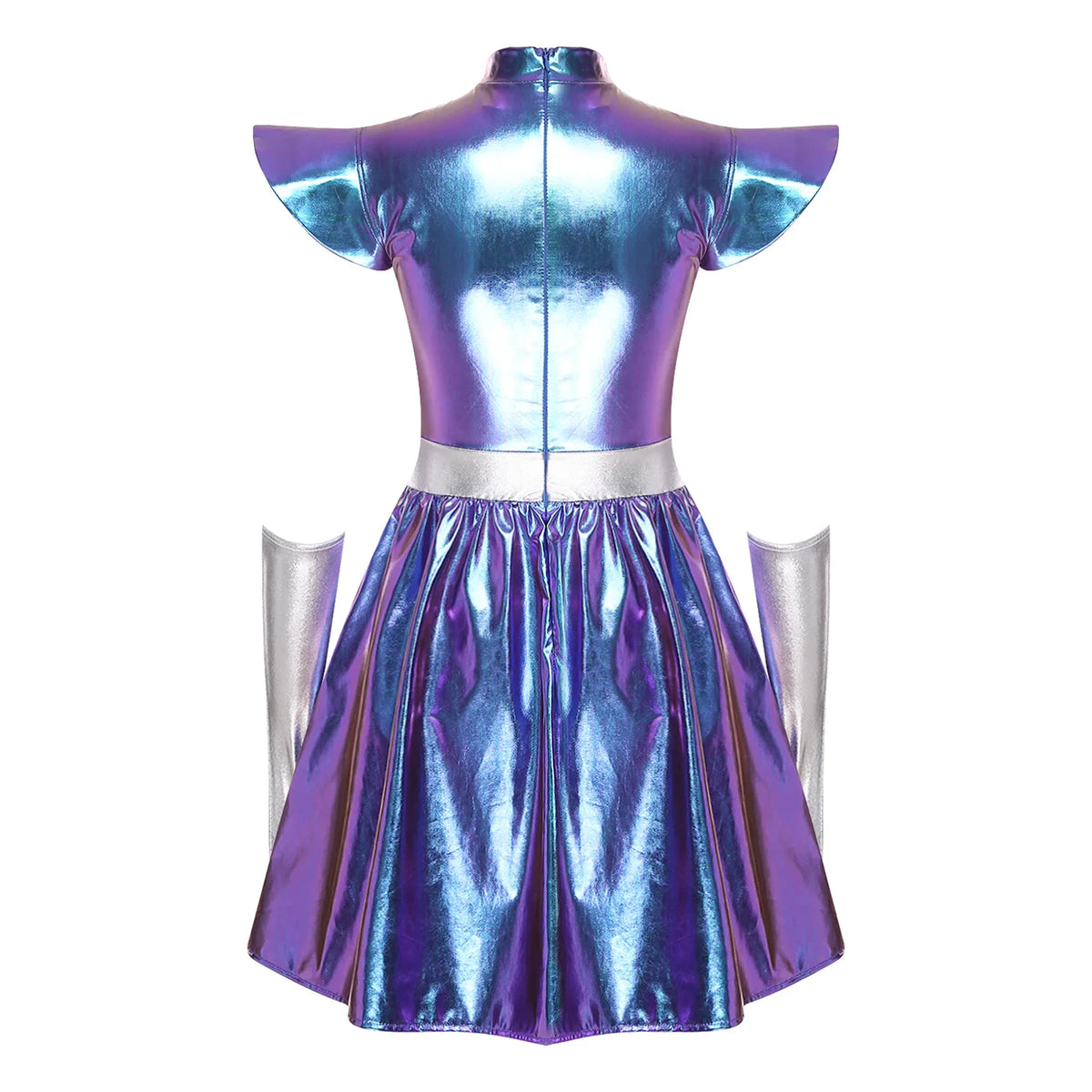 Womens Space Alien Costume Shiny Metallic High Waist A-line Dress with Gloves Astronaut Cosplay Outfits for Halloween Party