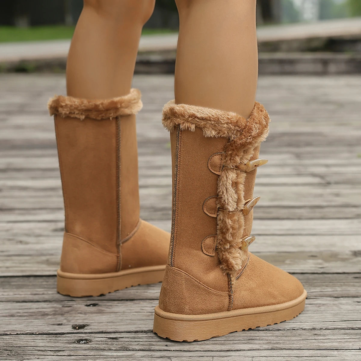 Women Snow Boots Winter Mid-calf Boots Warm Cotton Shoes Fashion Solid Color Button Ladies Brown Long Boots Plus Size 42
