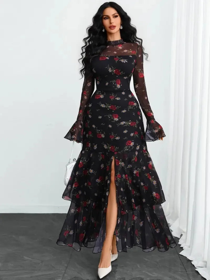 2026 Long Sleeves Evening Dress Dresses For Woman Party Wedding Temperament Sexy Slim Banquet Slit Printed Fashion Ruffles Slim