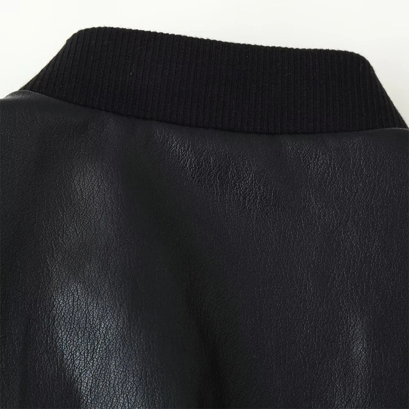  Women's Faux Leather Bomber Jacket Black Stand Collar Cropped Loose Vintage Outerwear 2026 Autumn Lady Street Chic Casual Coat