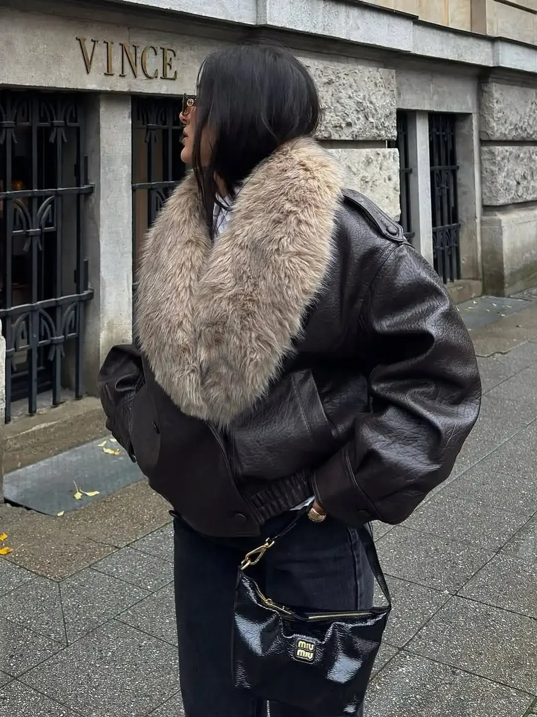Women Collar Faux Fur Leather Jacket Pebbled Pu Cropped Coat Double Breasted Epaulet Loose Vintage  2026 Autumn Trendy Outerwear