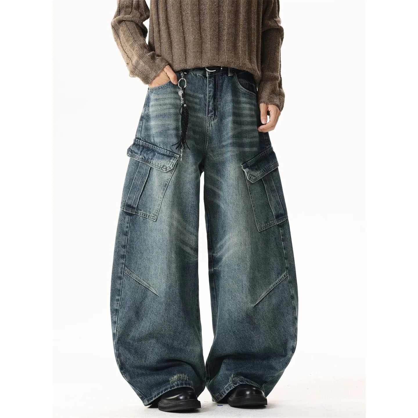 American Style Vintage Washed Large Pocket Knife Jeans Men Loose Straight Cut Workwear Floor-Length Wide Leg Pants