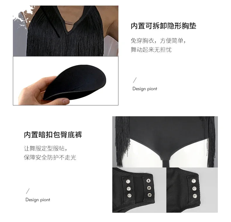 Women Backless Fringe Sexy Black Dress Cha Cha Rumba Samba Tango Dance Costume Prom Wear Latin Dance Copetition Dress